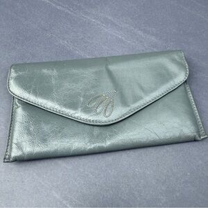 Vintage 1980s Grey Leather Stitched Clutch with Magnetic Closure